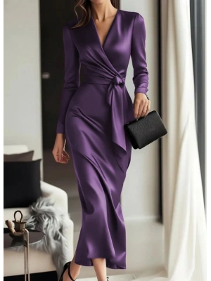 Kadın Uzun Kollu Kruvaze Yakalı Beli Kuşaklı Uzun Saten Elbise