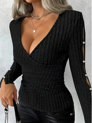 Kadın Uzun Kollu Kruvaze Yakalı Incili şardonlu Kaşkorse Bluz