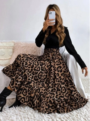 Kadın Uzun Kollu Kruvaze Yakalı Ithal Krep Bluz Ve Leopar Desenli Süprem Uzun Elbise