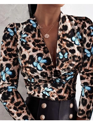 Kadın Uzun Kollu Kruvaze Yakalı Kelebek Desenli şardonlu Dalgıç Bluz