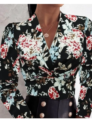 Kadın Uzun Kollu Kruvaze Yakalı Kelebek Desenli şardonlu Dalgıç Bluz