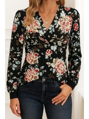 Kadın Uzun Kollu Kruvaze Yakalı Kelebek Desenli şardonlu Dalgıç Bluz