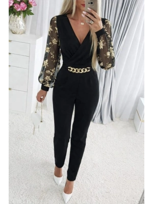 Kadın Uzun Kollu Kruvaze Yakalı Kolları çiçek Desenli Janjan Krep Tulum