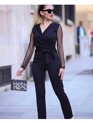 Kadın Uzun Kollu Kruvaze Yakalı Kolları Tül Detay Beli Kuşaklı Ithal Krep Tulum