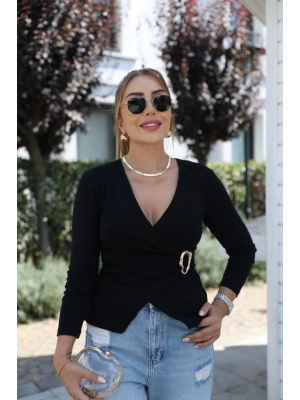 Kadın Uzun Kollu Kruvaze Yakalı Toka Detaylı Viskon Bluz