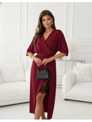 Kadın Uzun Kollu Kruvaze Yakalı Yandan Dantelli Midi Ithal Krep Elbise