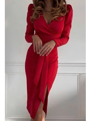 Kadın Uzun Kollu Kruvaze Yakalı Yandan Yırtmaçlı Belden Kuşaklı Midi Ithal Krep Elbise