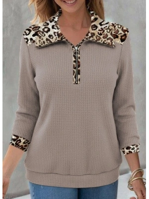 Kadın Uzun Kollu Leopar Yakalı Fermuarlı Waffle Bluz