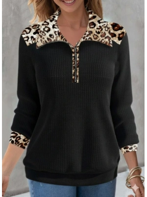 Kadın Uzun Kollu Leopar Yakalı Fermuarlı Waffle Bluz