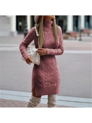 Kadın Uzun Kollu Loren Yünlü Motifli Midi Boy Triko Elbise