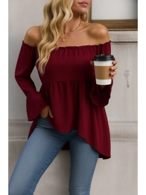 Kadın Uzun Kollu Madonna Yaka Asimetrik Detaylı Kolları Ispanyol Viskon Bluz