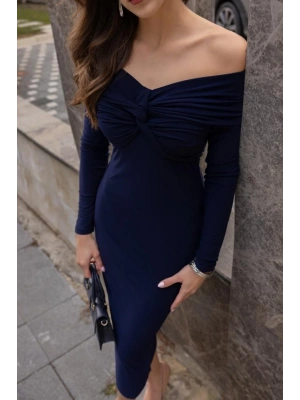 Kadın Uzun Kollu Madonna Yaka Düğüm Büzgü Detay Maxi Boy Elblbise