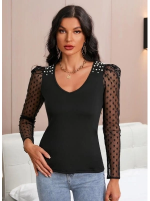 Kadın Uzun Kollu Omuz Inci Kollar Tül Detay Viskon Bluz