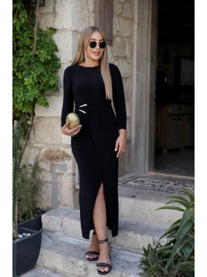 Kadın Uzun Kollu önden çapraz Detaylı Yandan Toka Detaylı Uzun Sandy Elbise