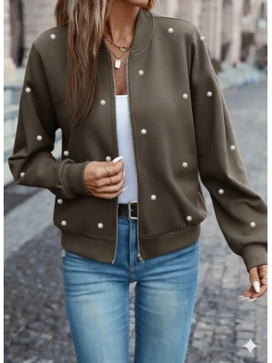 Kadın Uzun Kollu önden Fermuarlı Incili Kısa Modal Ceket