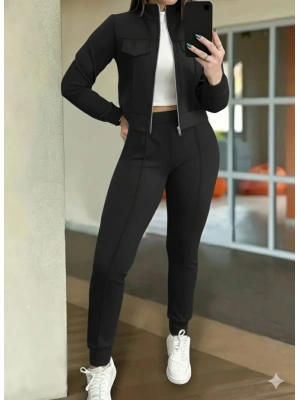 Kadın Uzun Kollu önden Fermuarlı Kısa Modal Ceket Ve Pantolon Ikili Takım