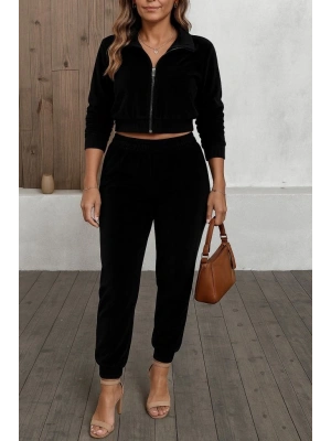 Kadın Uzun Kollu önden Fermuarlı Krop Kadife Ceket Ve Pantolon Ikili Takım