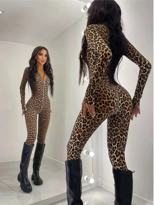 Kadın Uzun Kollu önden Fermuarlı Parmaktan Geçmeli Leopar Desenli Dalgıç Tulum