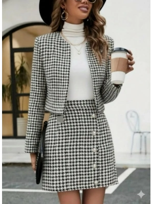 Kadın Uzun Kollu önü Açık Dokuma Ceket Ve Mini Etek Ikili Takım