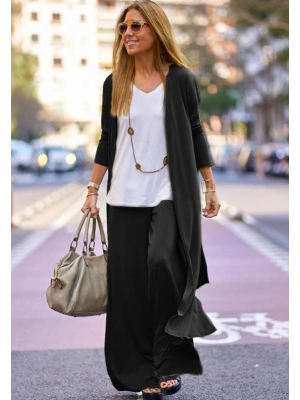 Kadın Uzun Kollu önü Açık Viskon Ceket Ve Pantolon Ikili Takım