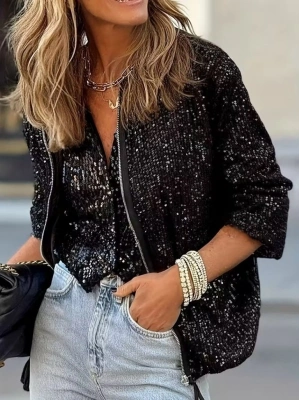 Kadın Uzun Kollu önü Fermuarlı Kısa Pulpayet Ceket