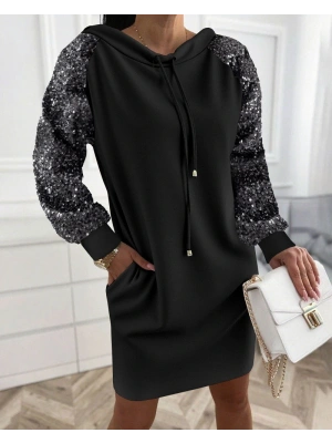 Kadın Uzun Kollu Pulpayetli Bağcıklı Cep Detaylı Mini Viskon Iki Iplik Elbise