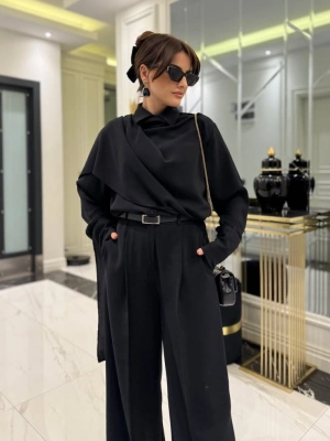 Kadın Uzun Kollu şal Detaylı Bluz Ve Pantolon Kemer Dahil Ikili Takım