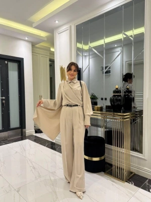 Kadın Uzun Kollu şal Detaylı Bluz Ve Pantolon Kemer Dahil Ikili Takım