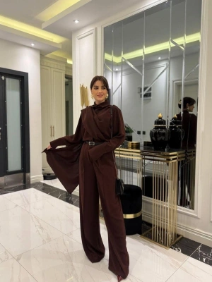 Kadın Uzun Kollu şal Detaylı Bluz Ve Pantolon Kemer Dahil Ikili Takım