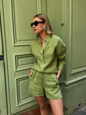 Kadın Uzun Kollu Salaş Gömlek Ve şort Keten Ikili Takım