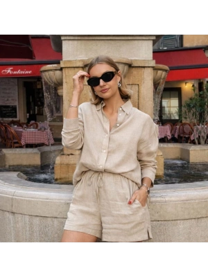 Kadın Uzun Kollu Salaş Gömlek Ve şort Keten Ikili Takım