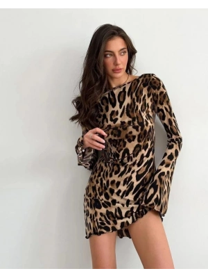 Kadın Uzun Kollu Sırtı Açık Bağlamalı Leopar Desenli Kısa Dalgıç Elbise