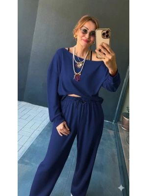 Kadın Uzun Kollu Tek Omuzdan Açık Viskon Iki Iplik Bluz Ve Pantolon Ikili Takım