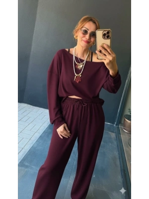 Kadın Uzun Kollu Tek Omuzdan Açık Viskon Iki Iplik Bluz Ve Pantolon Ikili Takım