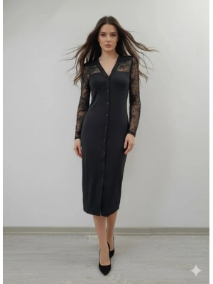 Kadın Uzun Kollu Transparan Detay Midi Boy Elbise