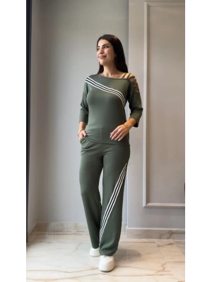 Kadın Uzun Kollu Truvakar Kol Tek Omuz çapraz şerit Detaylı Ribanalı Viskon Iki Iplik Bluz Ve Pantolon Ikili Takım