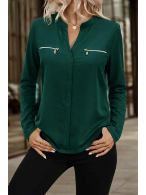 Kadın Uzun Kollu V Hakim Yaka Fermuar Detaylı Viskon Bluz