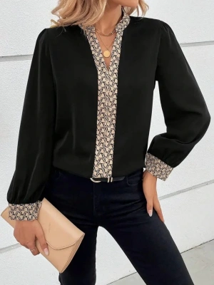 Kadın Uzun Kollu V Hakim Yakalı Desenli Ithal Krep Bluz