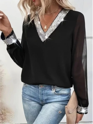 Kadın Uzun Kollu V Pulpayet Yakalı Ithal Krep Bluz