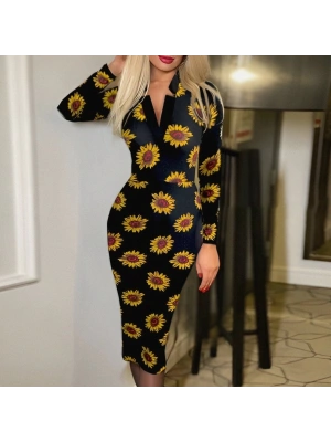 Kadın Uzun Kollu V Yaka Puantiyeli Krep Midi Boy Elbise