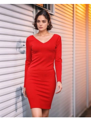 Kadın Uzun Kollu V Yaka Sırt Dekolteli Scuba Dalgıç Kumaş Mini Elbise
