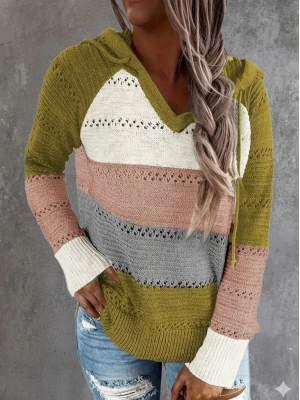 Kadın Uzun Kollu V Yakalı Bağcıklı Kapşonlu Triko Bluz