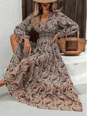 Kadın Uzun Kollu V Yakalı Beli Lastikli Desenli Süprem Elbise