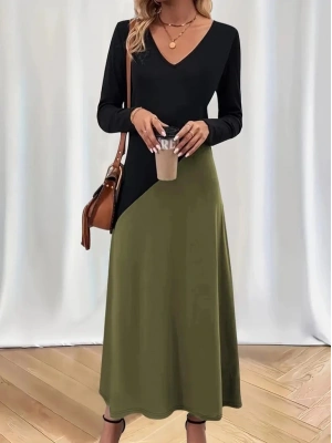 Kadın Uzun Kollu V Yakalı Blok Desenli Viskon Elbise