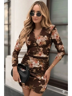 Kadın Uzun Kollu V Yakalı çiçek Desenli Dalgıç Mini Elbise