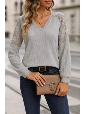 Kadın Uzun Kollu V Yakalı Dantelli Waffle Bluz