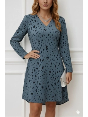 Kadın Uzun Kollu V Yakalı Desenli Kısa Keten Elbise