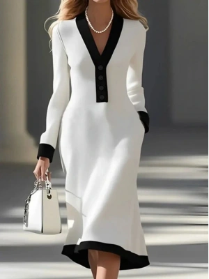 Kadın Uzun Kollu V Yakalı Düğmeli Midi Modal Elbise