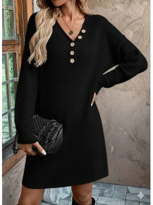 Kadın Uzun Kollu V Yakalı Düğmeli Mini Triko Elbise