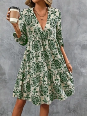 Kadın Uzun Kollu V Yakalı Fırfırlı Mini Süprem Elbise